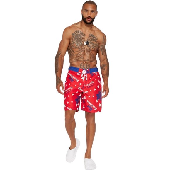 Pabst Blue Ribbon Beer PRB Board Swim Shorts Red White Blue Men's - Picture 2 of 5